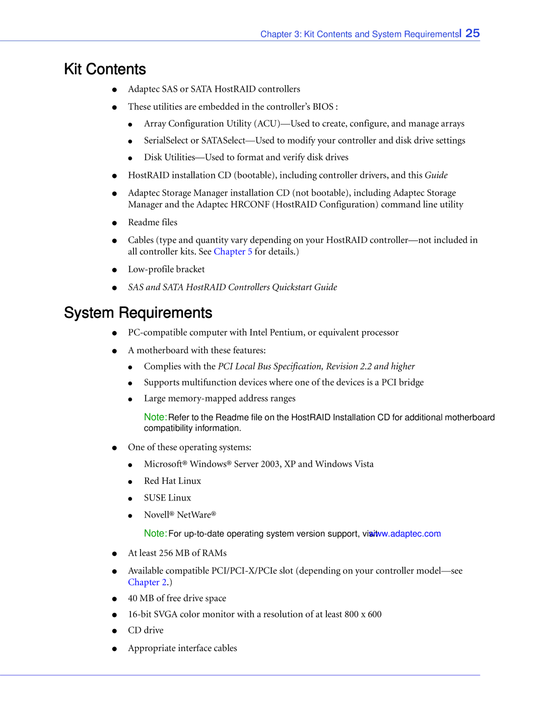 Adaptec 1420SA, 58300, 44300, 48300, 1220SA, 1225SA, 1430SA manual Kit Contents, System Requirements 