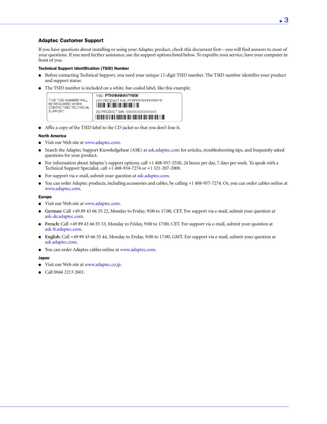 Adaptec 1220SA, 58300, 44300, 48300, 1420SA, 1225SA, 1430SA manual Adaptec Customer Support 