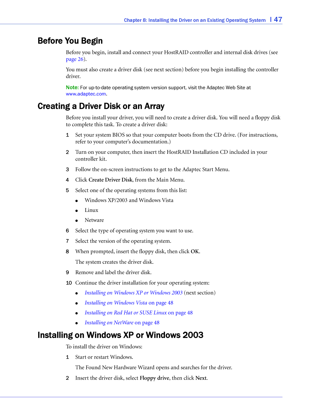 Adaptec 1420SA, 58300, 44300, 48300, 1220SA, 1225SA Creating a Driver Disk or an Array, Installing on Windows XP or Windows 