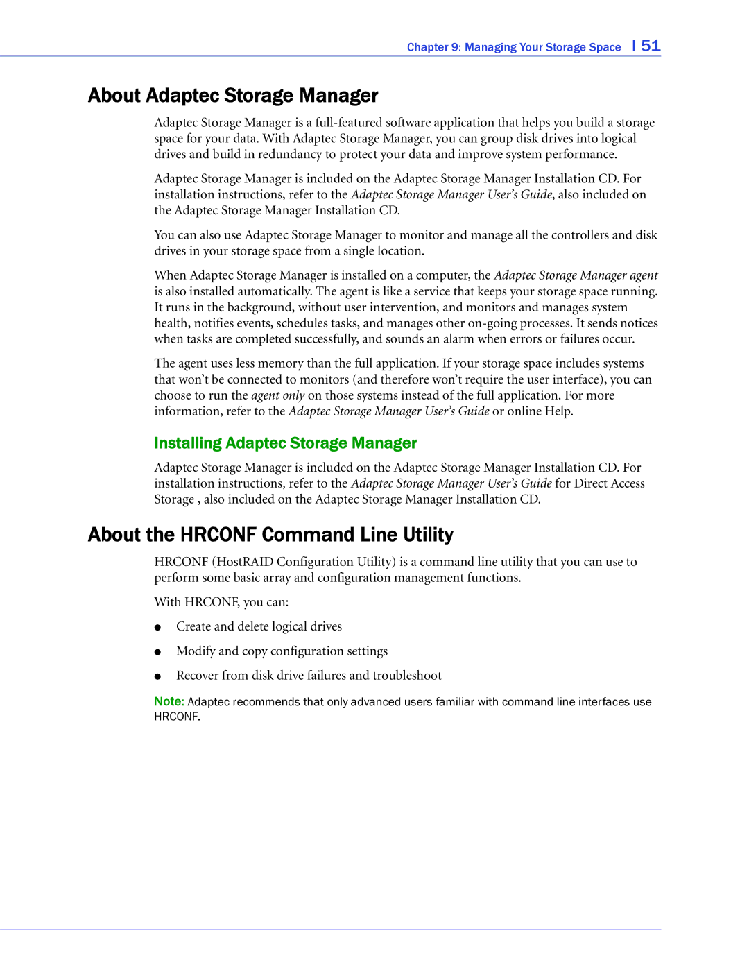 Adaptec 44300 About Adaptec Storage Manager, About the Hrconf Command Line Utility, Installing Adaptec Storage Manager 