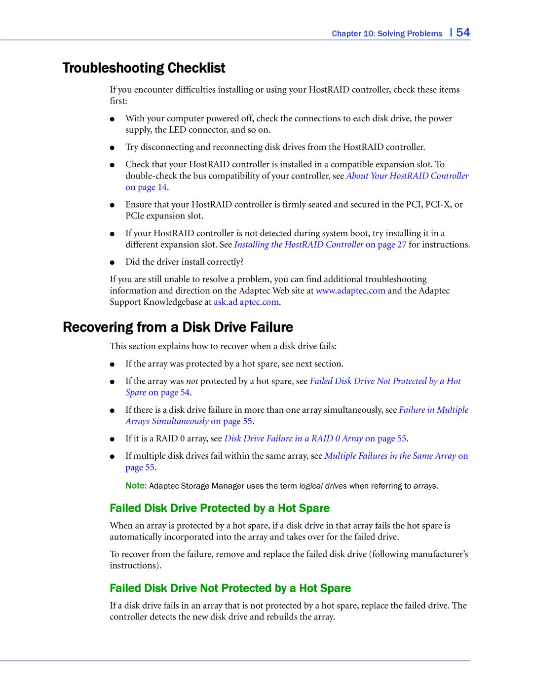 Adaptec 1420SA Troubleshooting Checklist, Recovering from a Disk Drive Failure, Failed Disk Drive Protected by a Hot Spare 