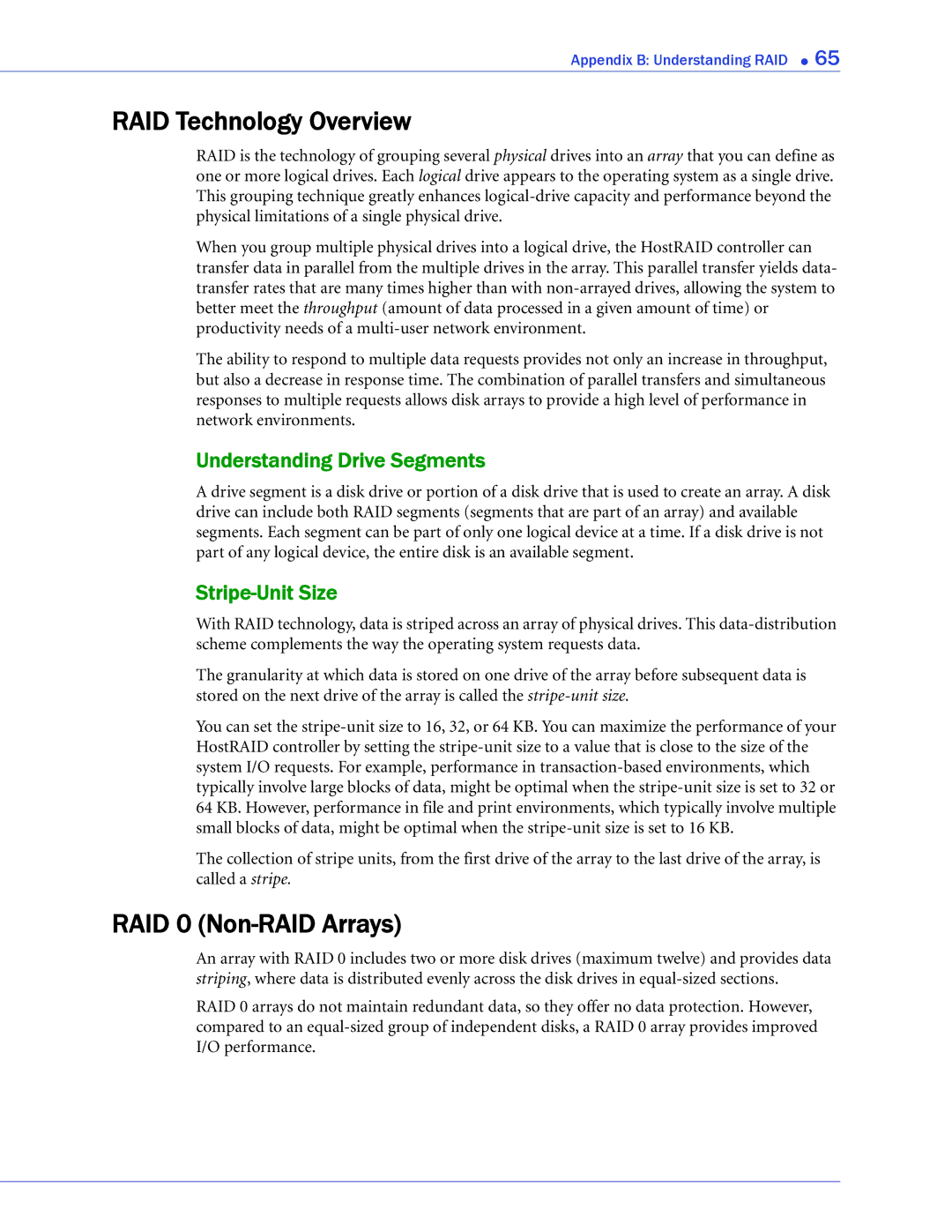 Adaptec 44300, 58300 manual RAID Technology Overview, RAID 0 Non-RAID Arrays, Understanding Drive Segments, Stripe-Unit Size 