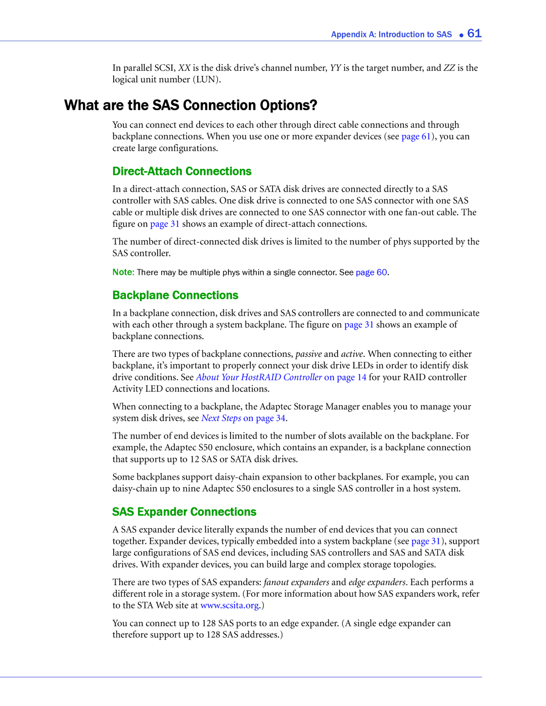 Adaptec 44300, 58300, 48300, 1220SA What are the SAS Connection Options?, Direct-Attach Connections, Backplane Connections 