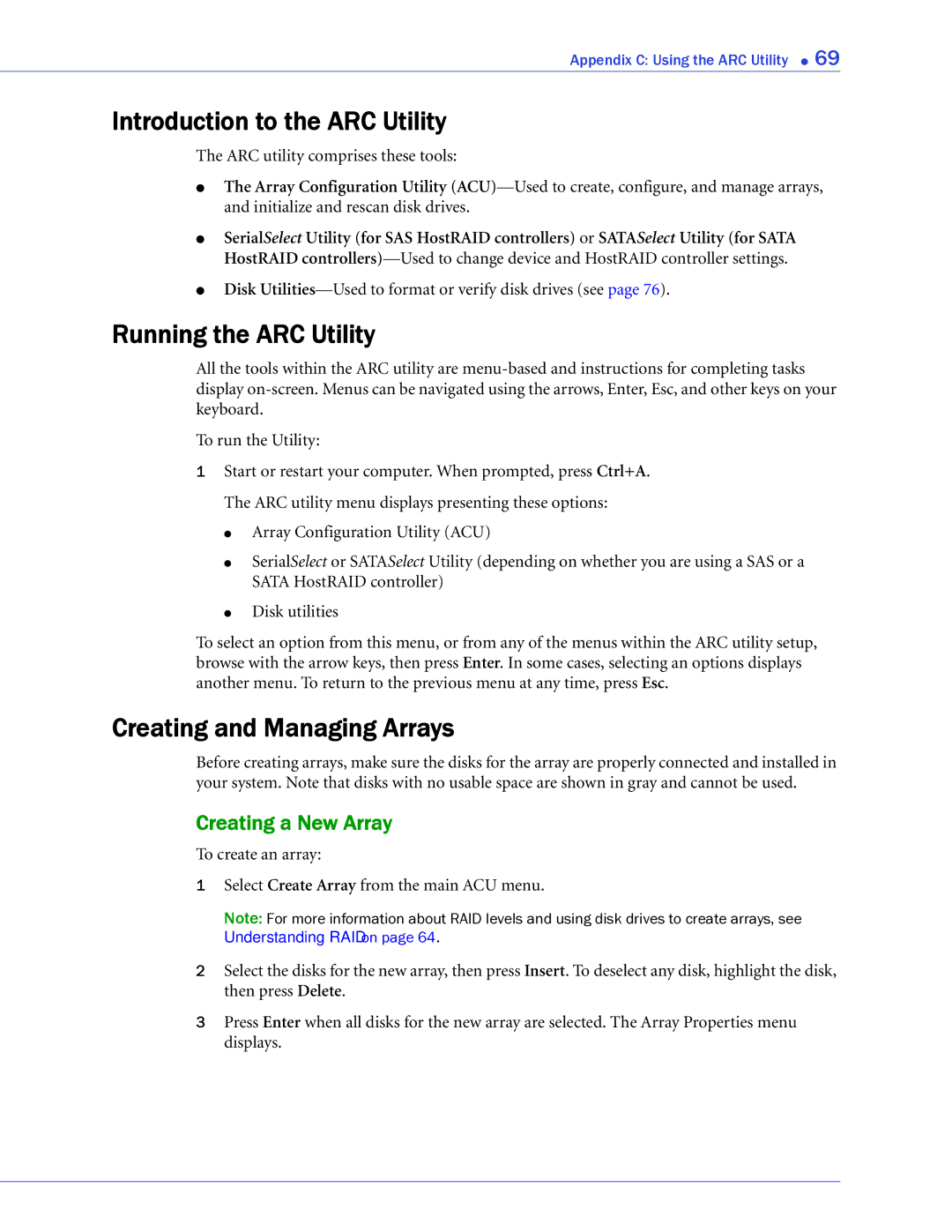 Adaptec 1225SA, 58300, 44300, 48300 Introduction to the ARC Utility, Running the ARC Utility, Creating and Managing Arrays 