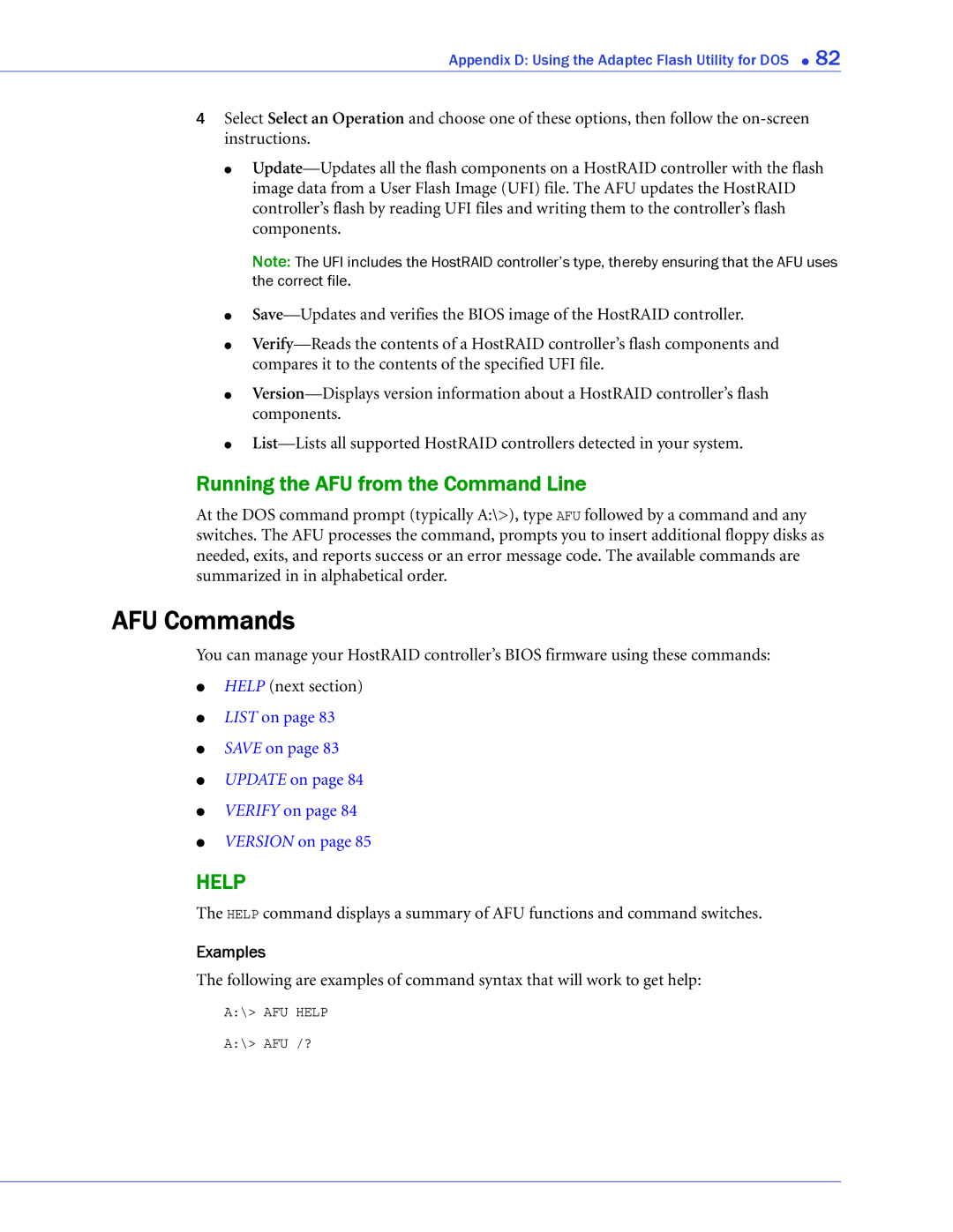 Adaptec 1420SA, 58300, 44300, 48300, 1220SA, 1225SA, 1430SA manual AFU Commands, Running the AFU from the Command Line, Examples 