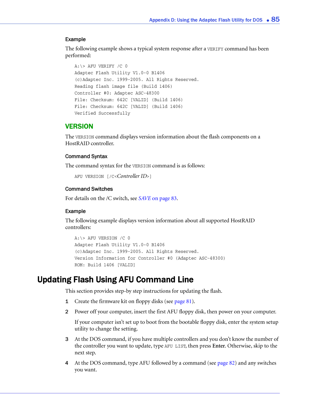 Adaptec 58300, 44300, 48300, 1220SA, 1420SA, 1225SA, 1430SA manual Updating Flash Using AFU Command Line, AFU Verify /C 