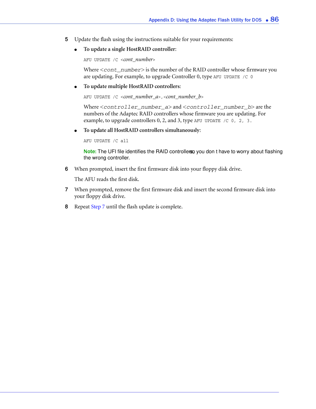 Adaptec 44300, 58300, 48300, 1220SA, 1420SA, 1225SA, 1430SA manual To update a single HostRAID controller 