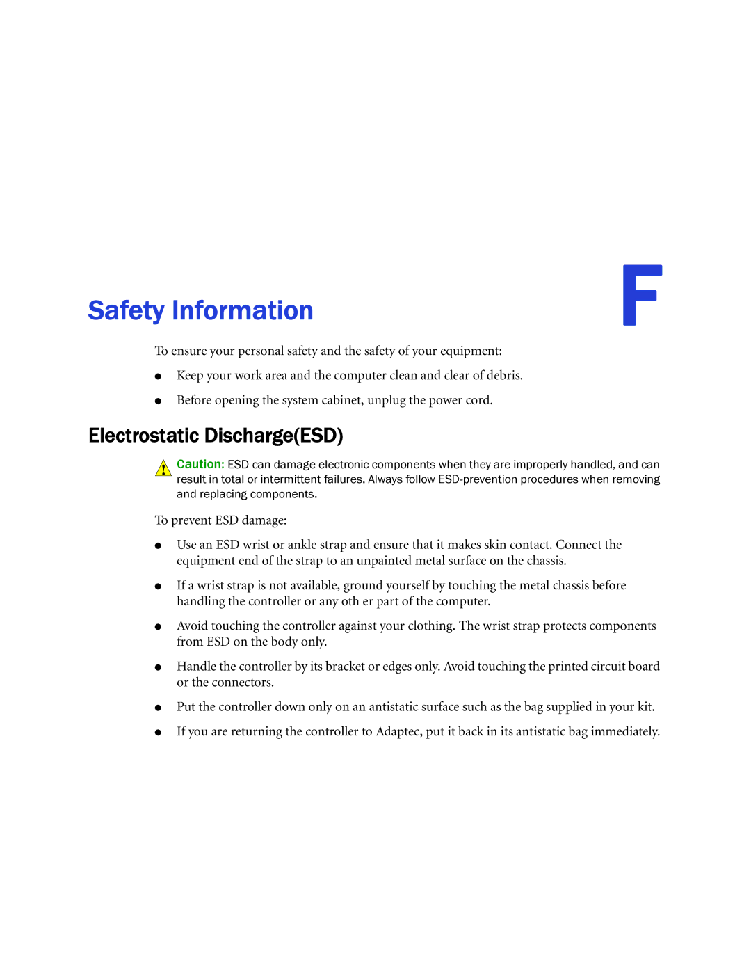 Adaptec 58300, 44300, 48300, 1220SA, 1420SA, 1225SA, 1430SA manual Safety Information, Electrostatic DischargeESD 