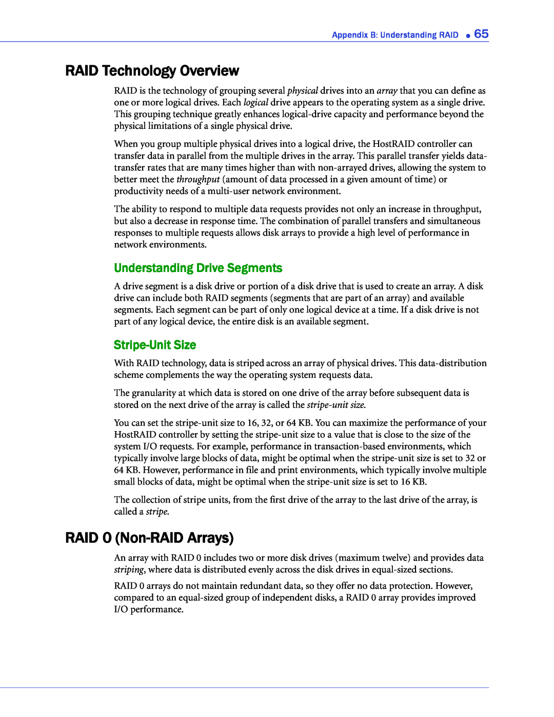 Adaptec 44300, 58300 manual RAID Technology Overview, RAID 0 Non-RAID Arrays, Understanding Drive Segments, Stripe-Unit Size 