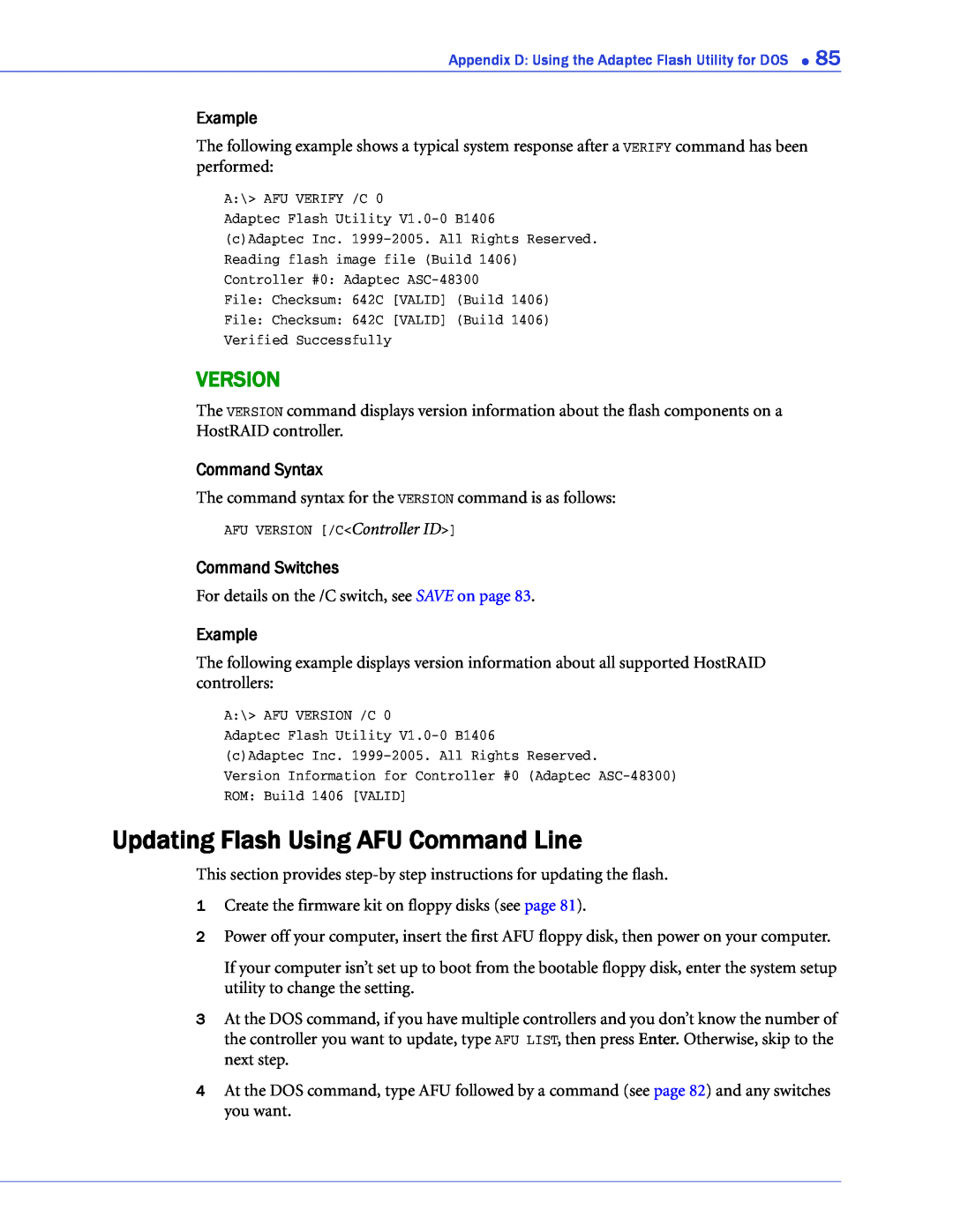 Adaptec 58300, 44300, 48300, 1220SA, 1420SA, 1225SA, 1430SA manual Updating Flash Using AFU Command Line, Version 