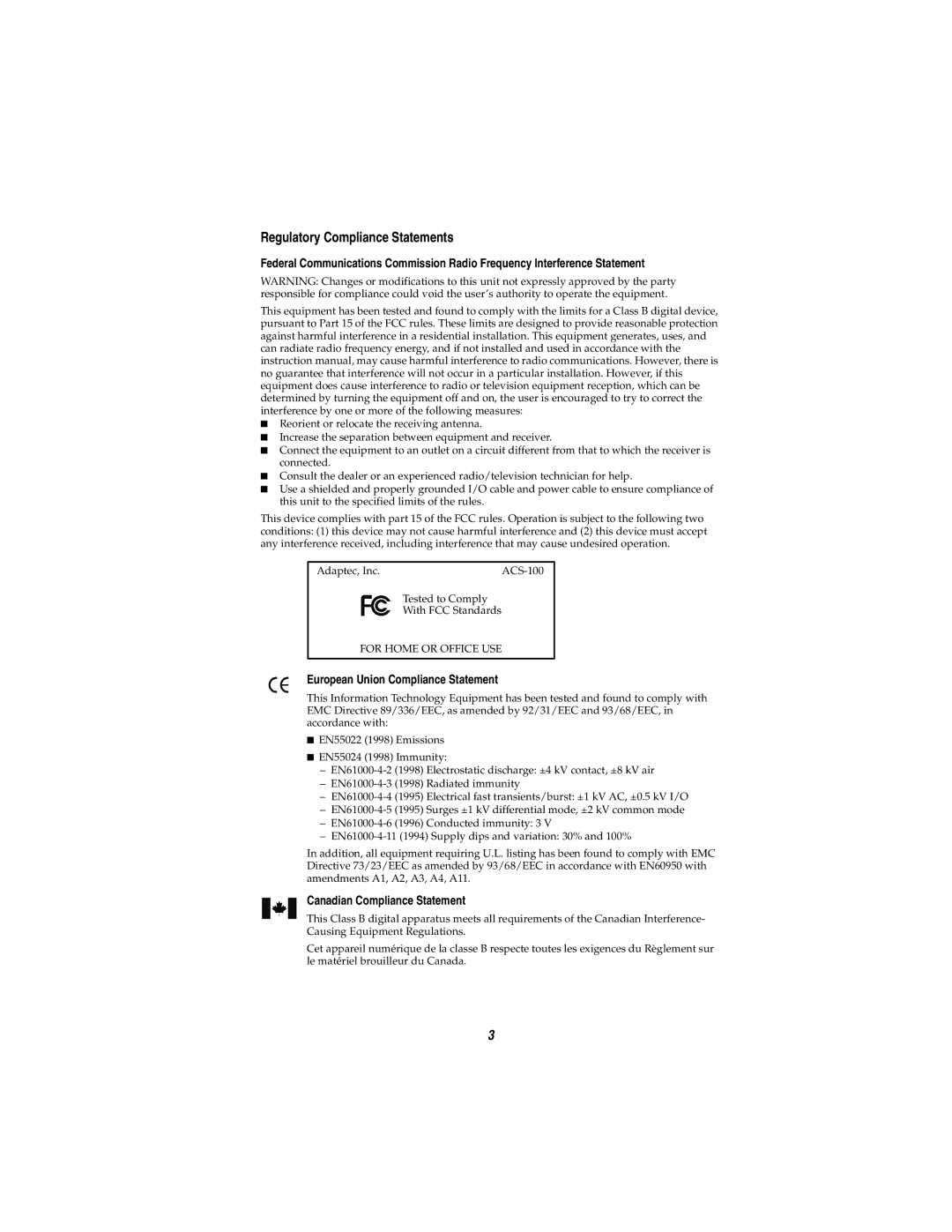 Adaptec ACS-100 manual Regulatory Compliance Statements, European Union Compliance Statement 