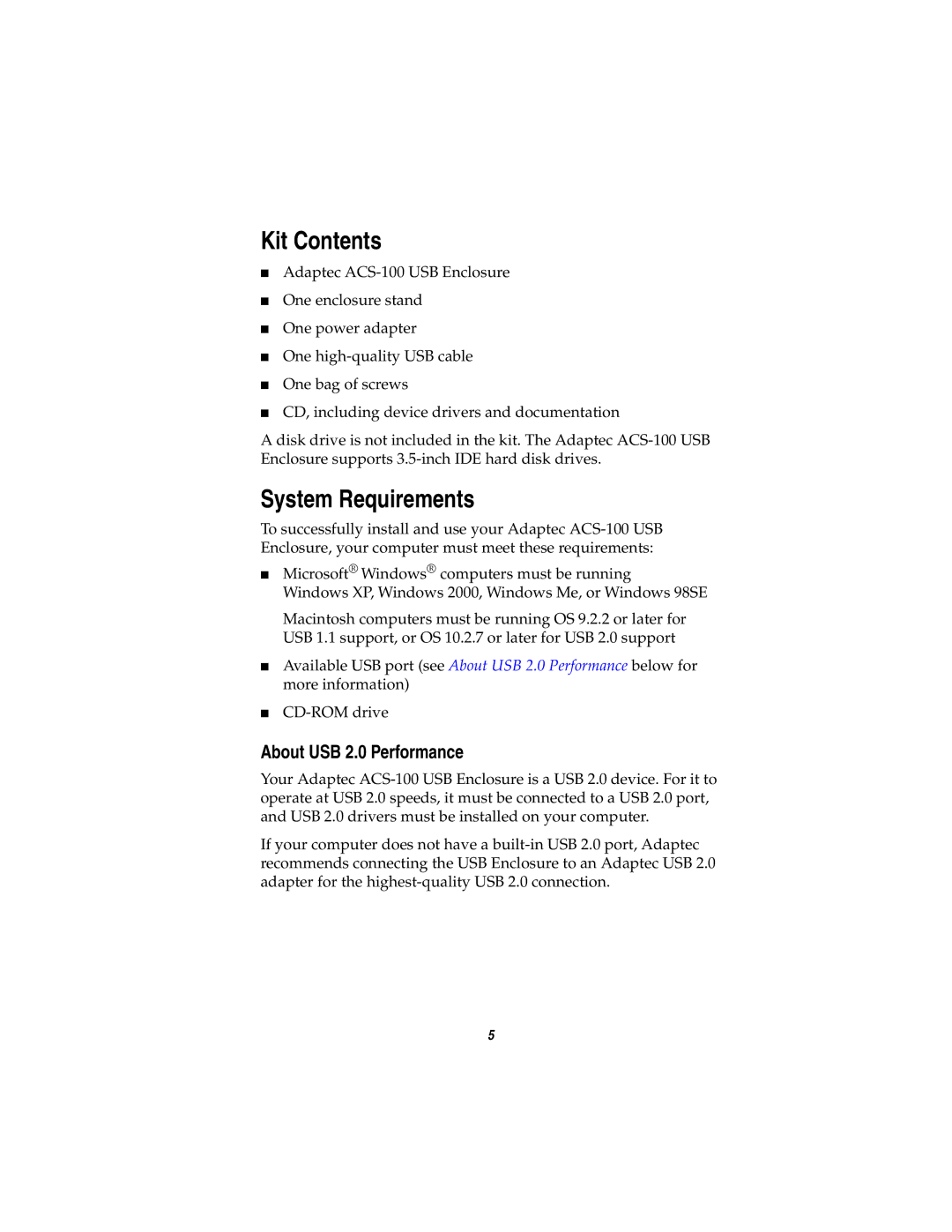 Adaptec ACS-100 manual Kit Contents, System Requirements 