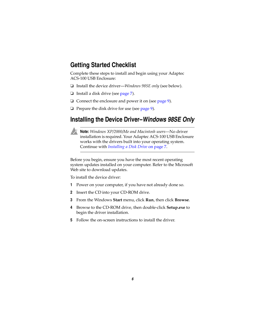 Adaptec ACS-100 manual Getting Started Checklist, Installing the Device Driver-Windows 98SE Only 