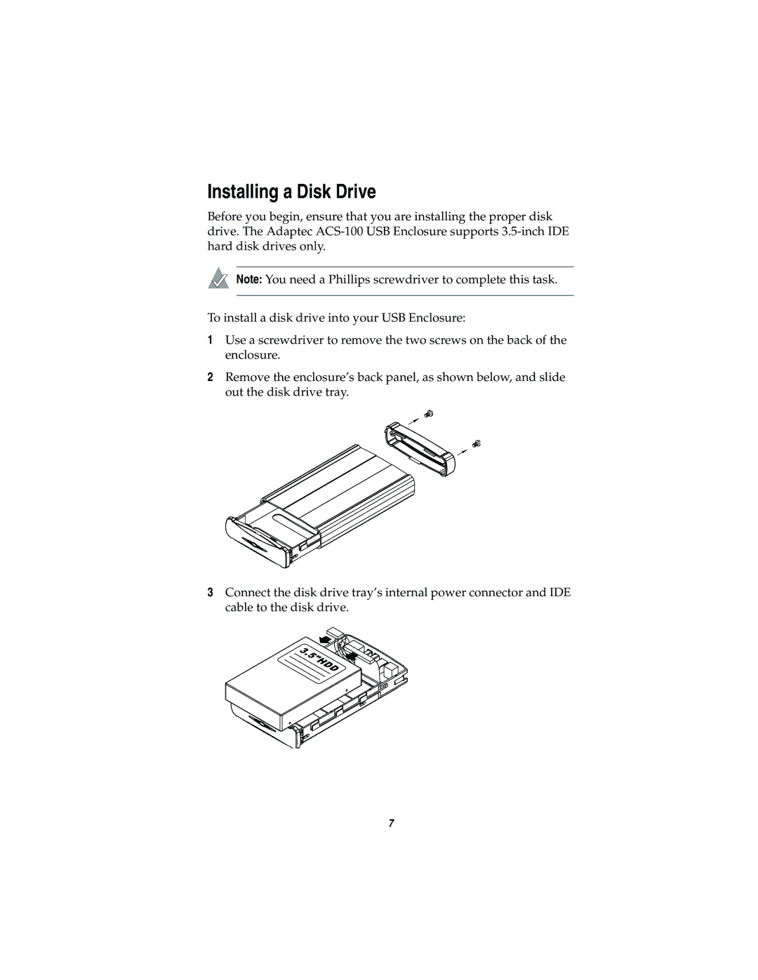 Adaptec ACS-100 manual Installing a Disk Drive 