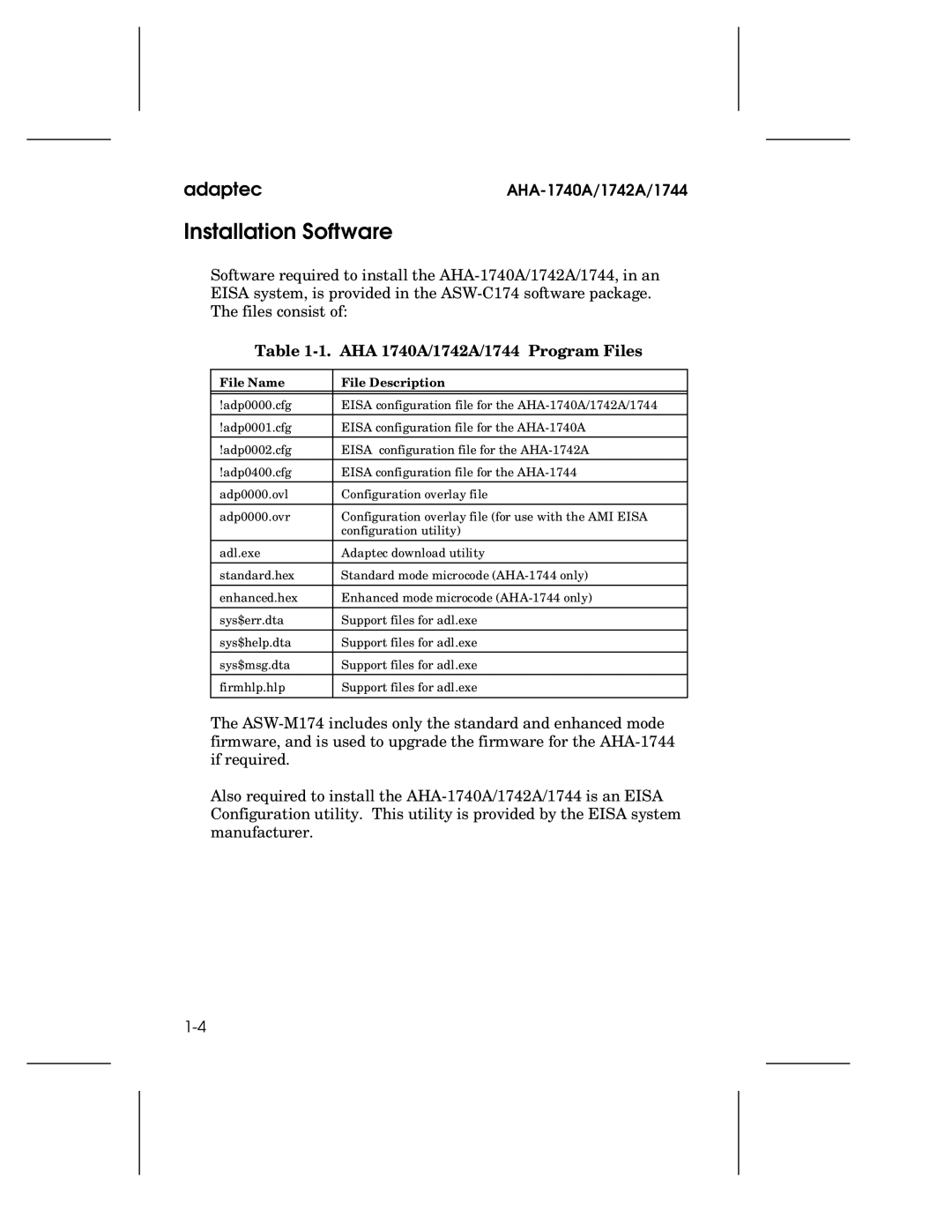 Adaptec AHA-1740A user manual Installation Software, AHA 1740A/1742A/1744 Program Files 