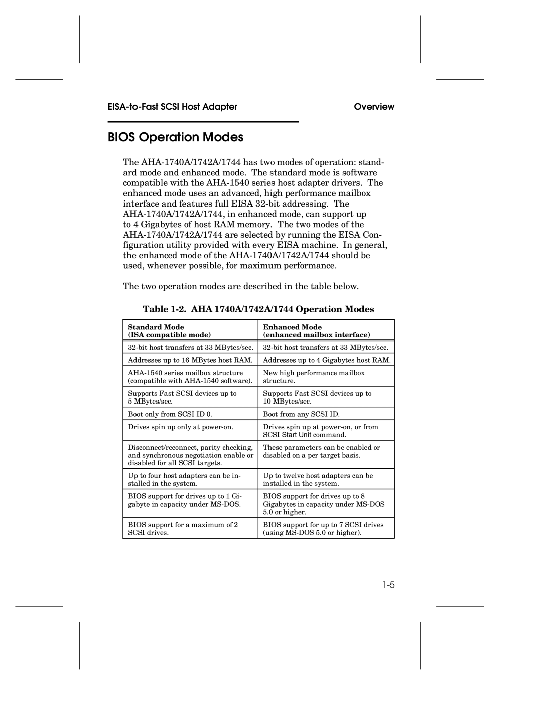 Adaptec AHA-1740A user manual Bios Operation Modes, AHA 1740A/1742A/1744 Operation Modes 