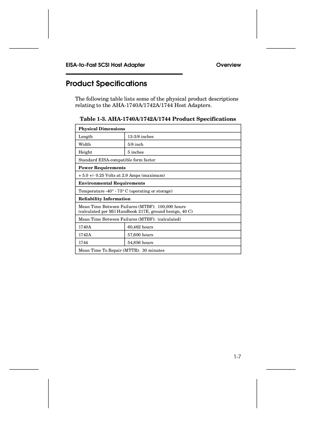 Adaptec user manual AHA-1740A/1742A/1744 Product Specifications 