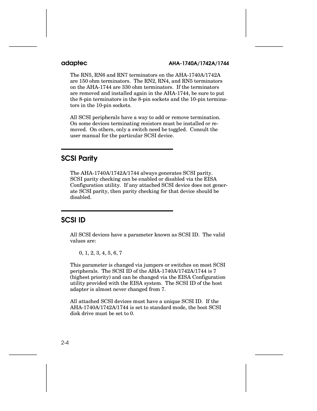 Adaptec 1744, AHA-1740A, 1742A user manual Scsi Parity, Scsi ID 