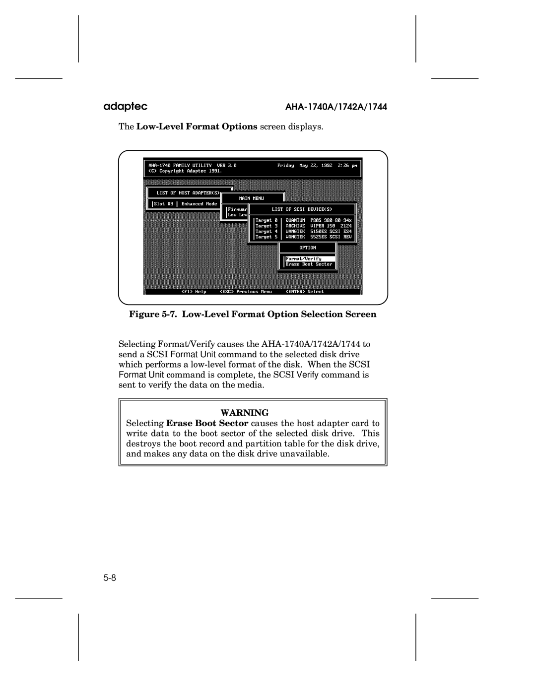 Adaptec 1744, AHA-1740A, 1742A user manual Low-Level Format Options screen displays, Low-Level Format Option Selection Screen 