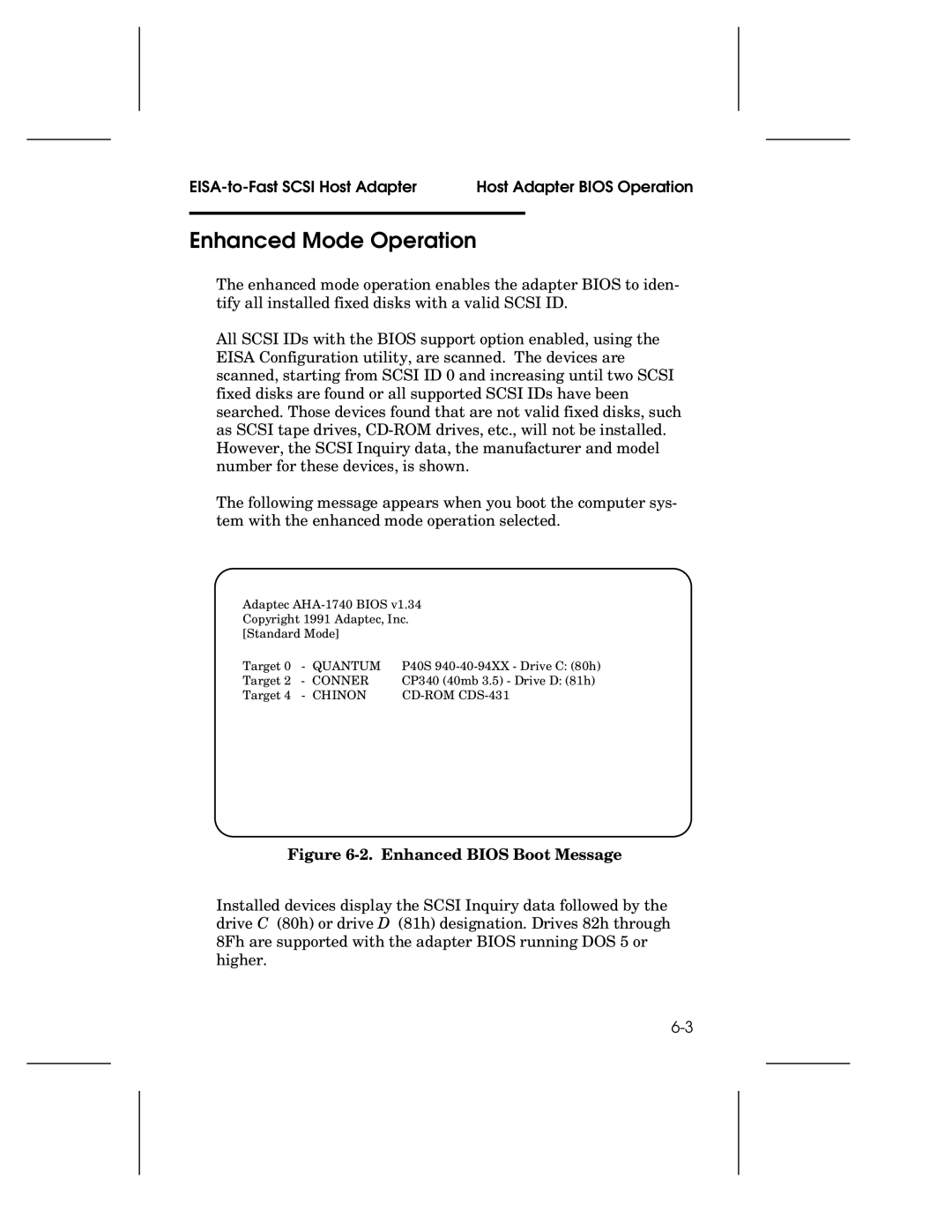 Adaptec 1742A, AHA-1740A, 1744 user manual Enhanced Mode Operation, Enhanced Bios Boot Message 