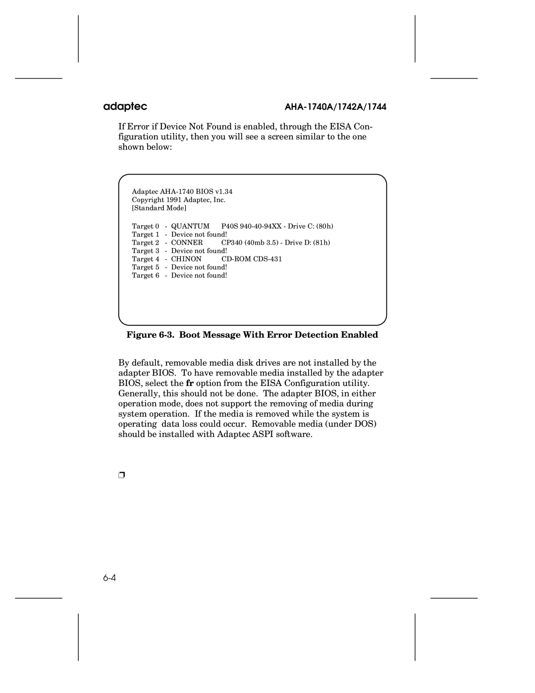 Adaptec 1744, AHA-1740A, 1742A user manual Boot Message With Error Detection Enabled 