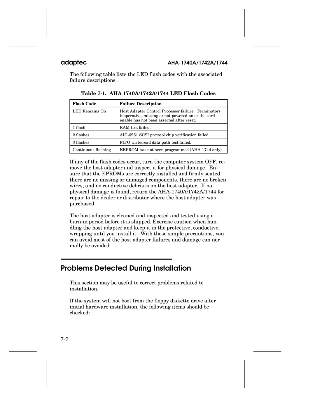 Adaptec AHA-1740A user manual Problems Detected During Installation, AHA 1740A/1742A/1744 LED Flash Codes 