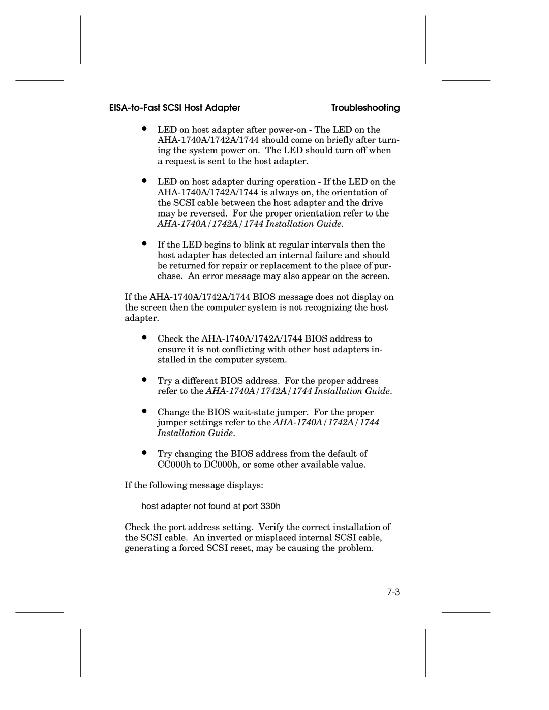 Adaptec 1744, AHA-1740A, 1742A user manual EISA-to-Fast Scsi Host Adapter Troubleshooting 