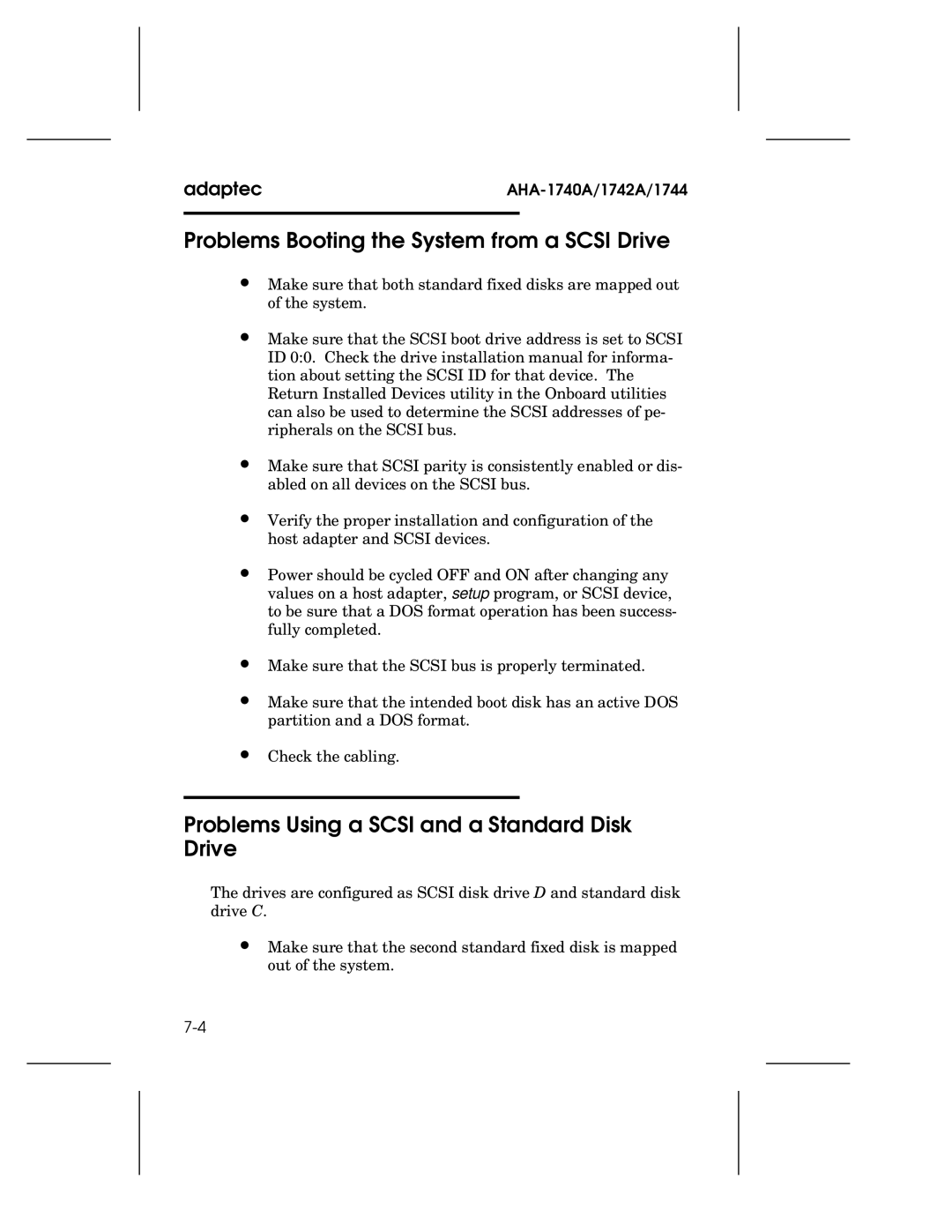 Adaptec AHA-1740A, 1742A Problems Booting the System from a Scsi Drive, Problems Using a Scsi and a Standard Disk Drive 