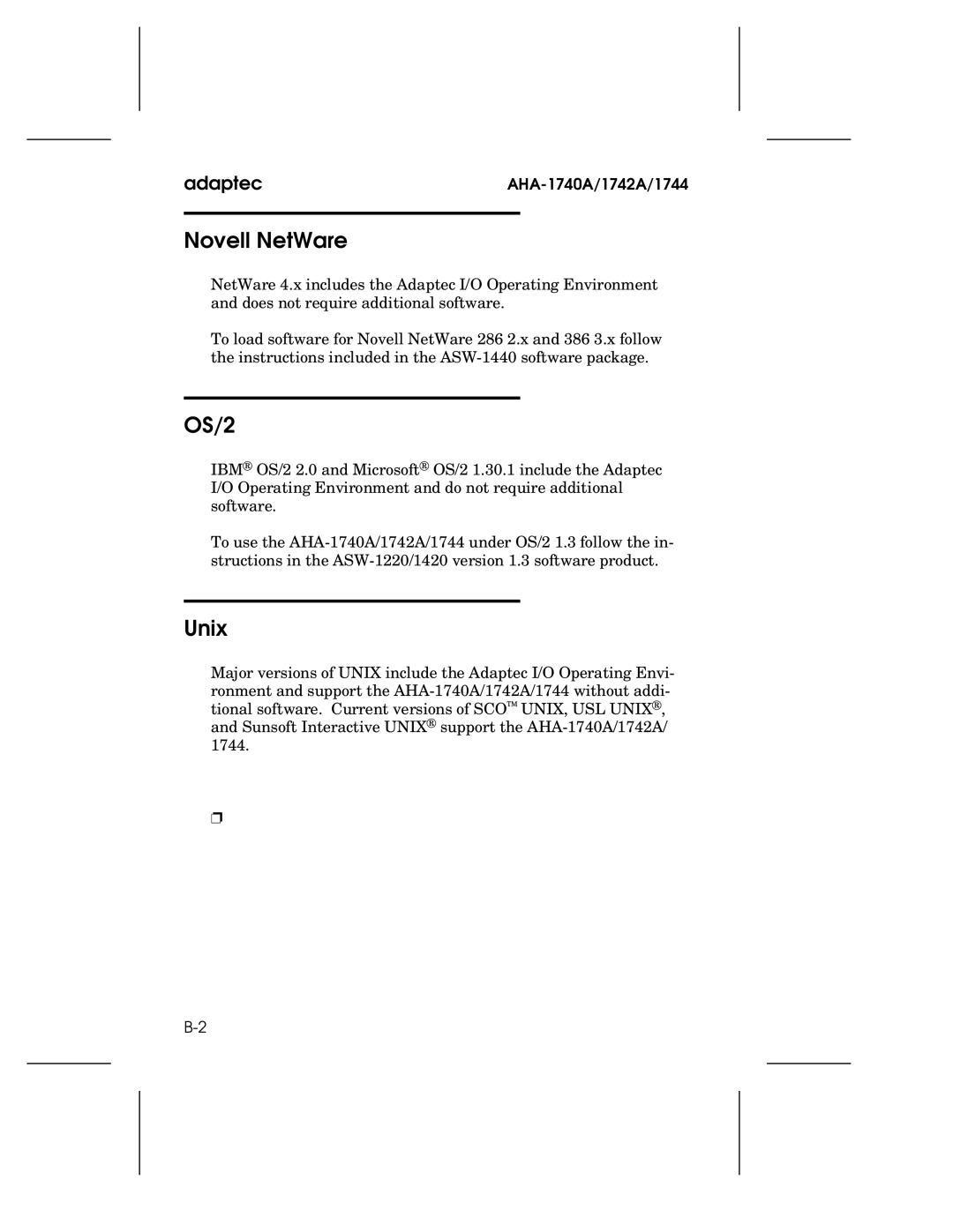 Adaptec 1744, AHA-1740A, 1742A user manual Novell NetWare, OS/2, Unix 