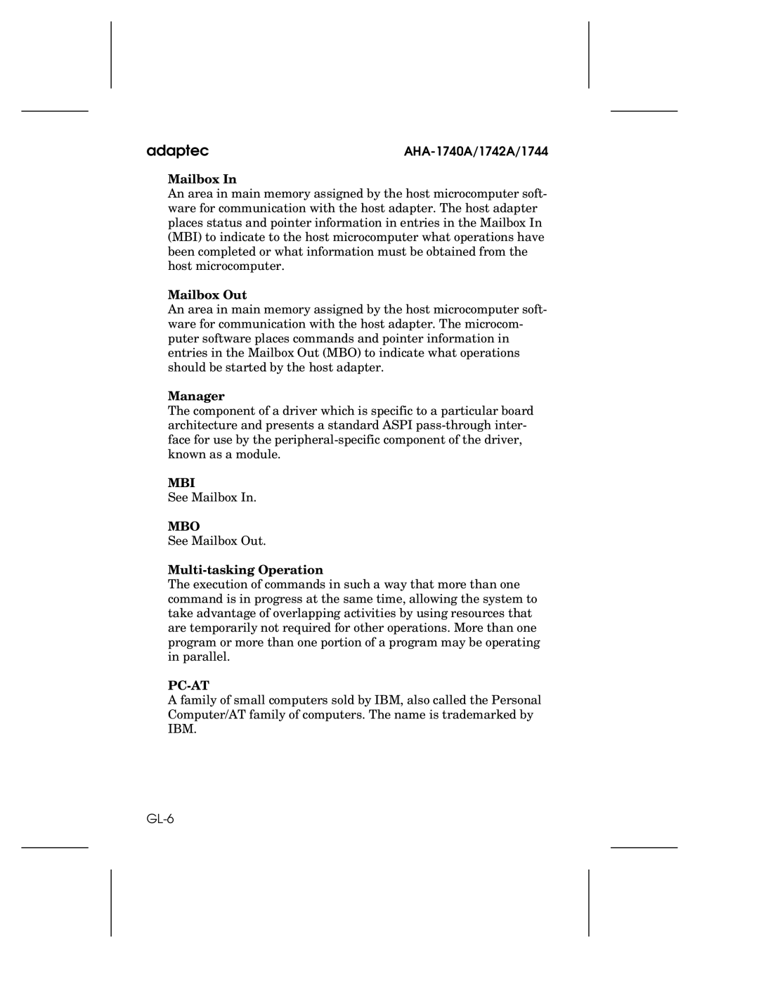 Adaptec 1744, AHA-1740A, 1742A user manual Mailbox Out, Manager, Multi-tasking Operation 