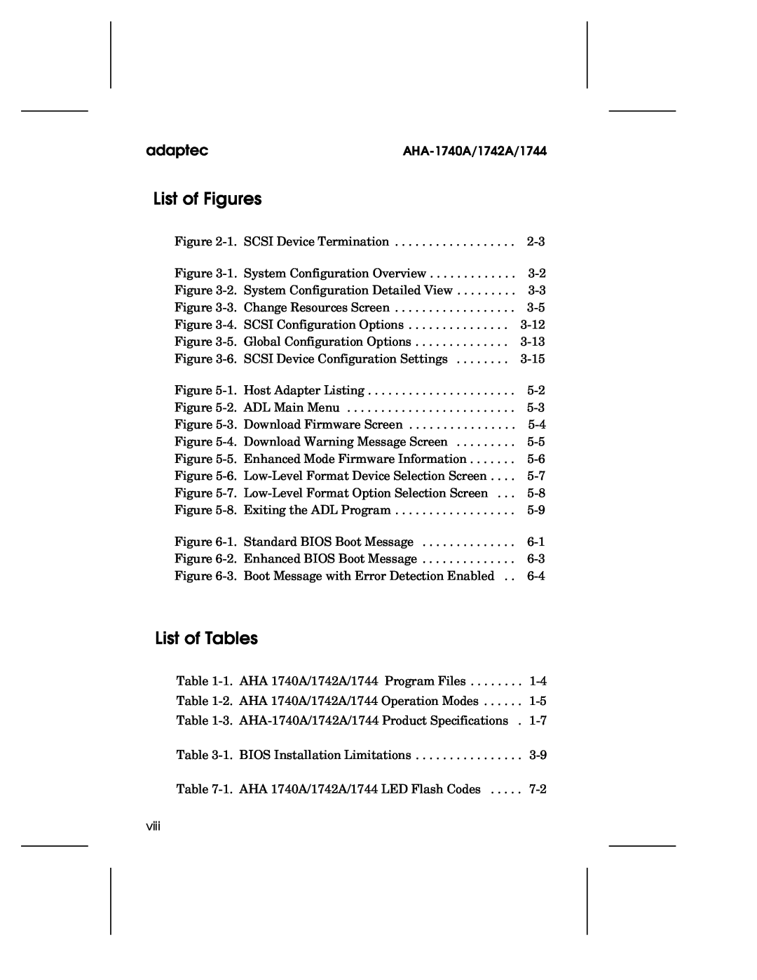 Adaptec 1742A, AHA-1740A, 1744 user manual List of Figures, List of Tables, adaptec 