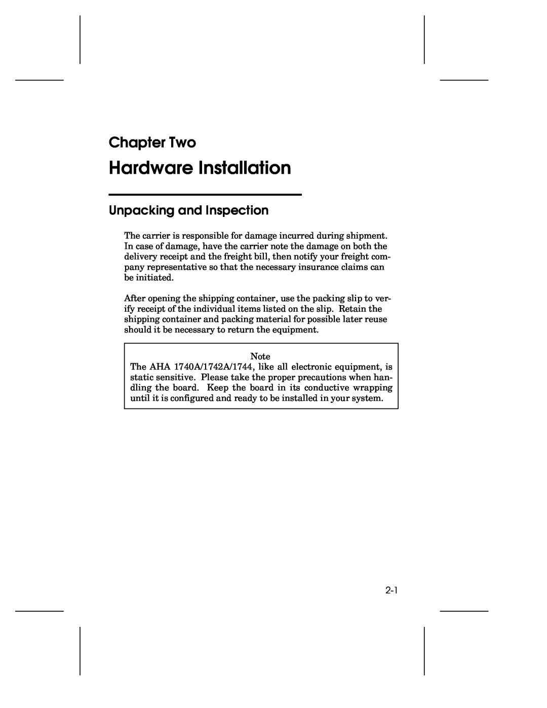 Adaptec 1744, AHA-1740A, 1742A user manual Hardware Installation, Chapter Two, Unpacking and Inspection 