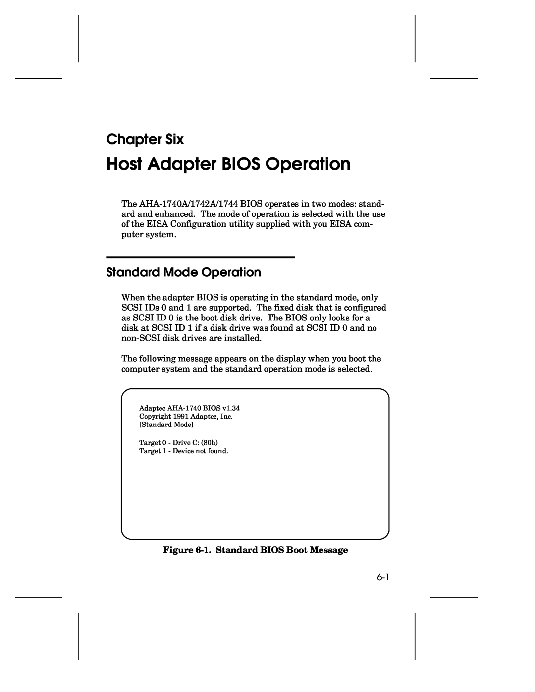 Adaptec 1744, AHA-1740A Host Adapter BIOS Operation, Chapter Six, Standard Mode Operation, 1. Standard BIOS Boot Message 