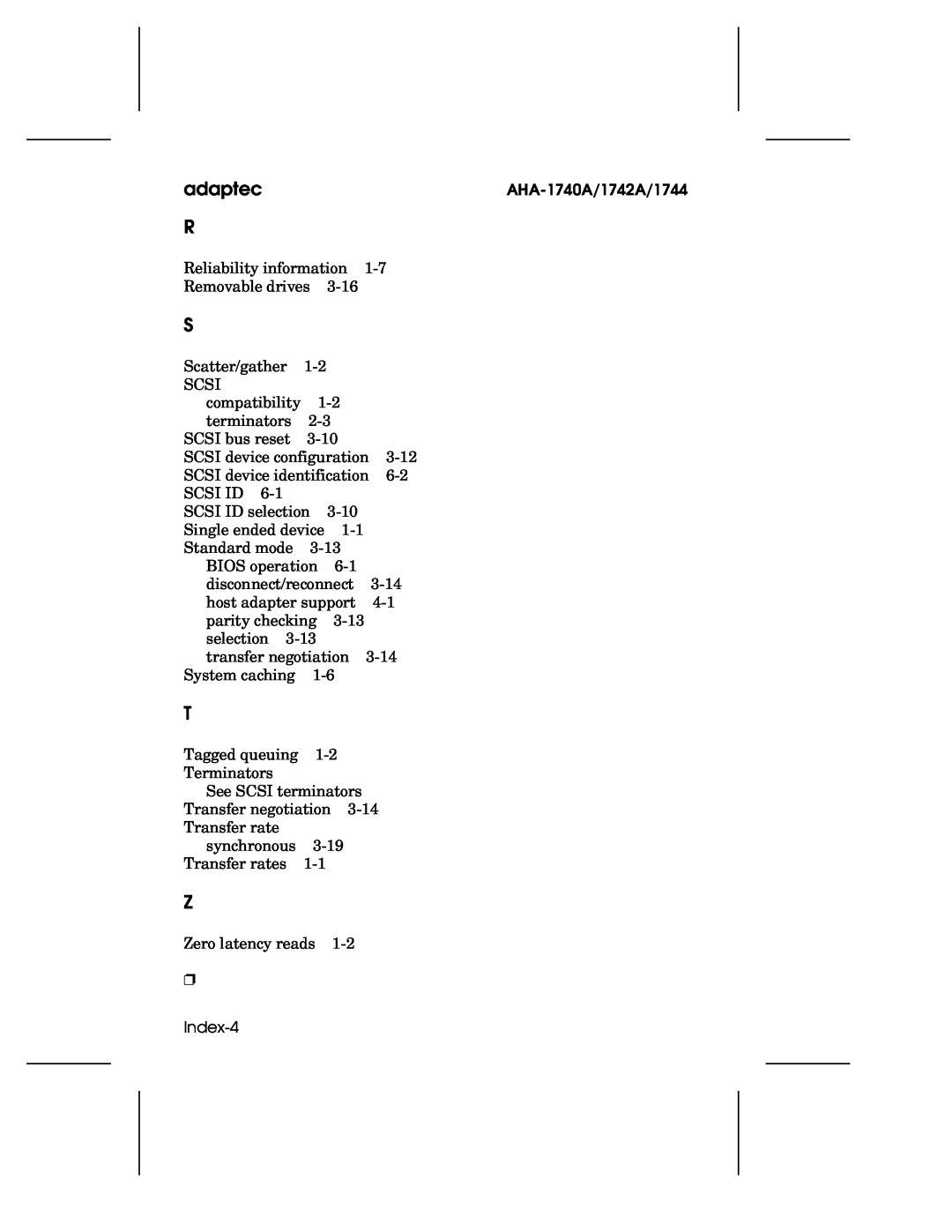 Adaptec user manual adaptec R, Index-4, AHA-1740A/1742A/1744 