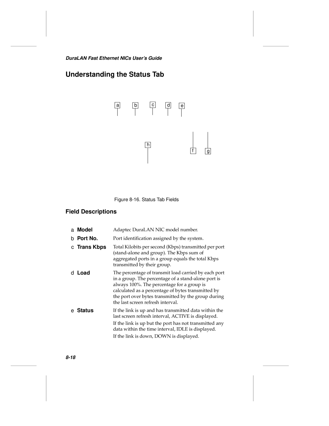 Adaptec ANA-69000, ANA-62000 manual Understanding the Status Tab, Field Descriptions 