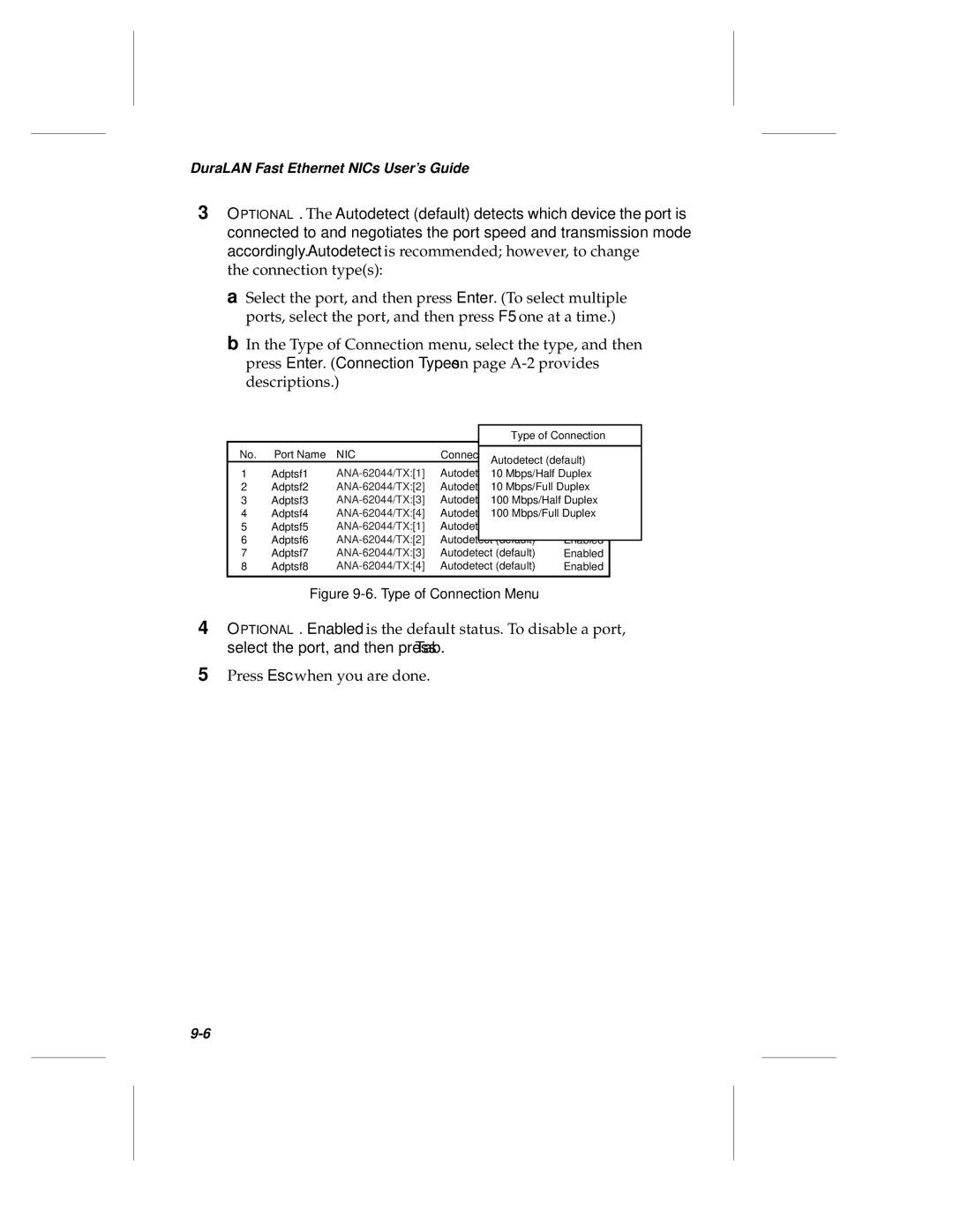 Adaptec ANA-69000, ANA-62000 manual Type of Connection Menu 