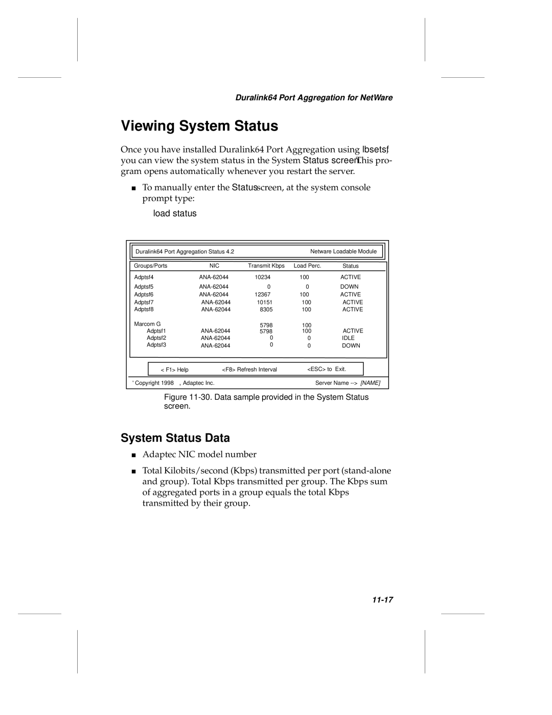 Adaptec ANA-62000, ANA-69000 manual Viewing System Status, System Status Data 