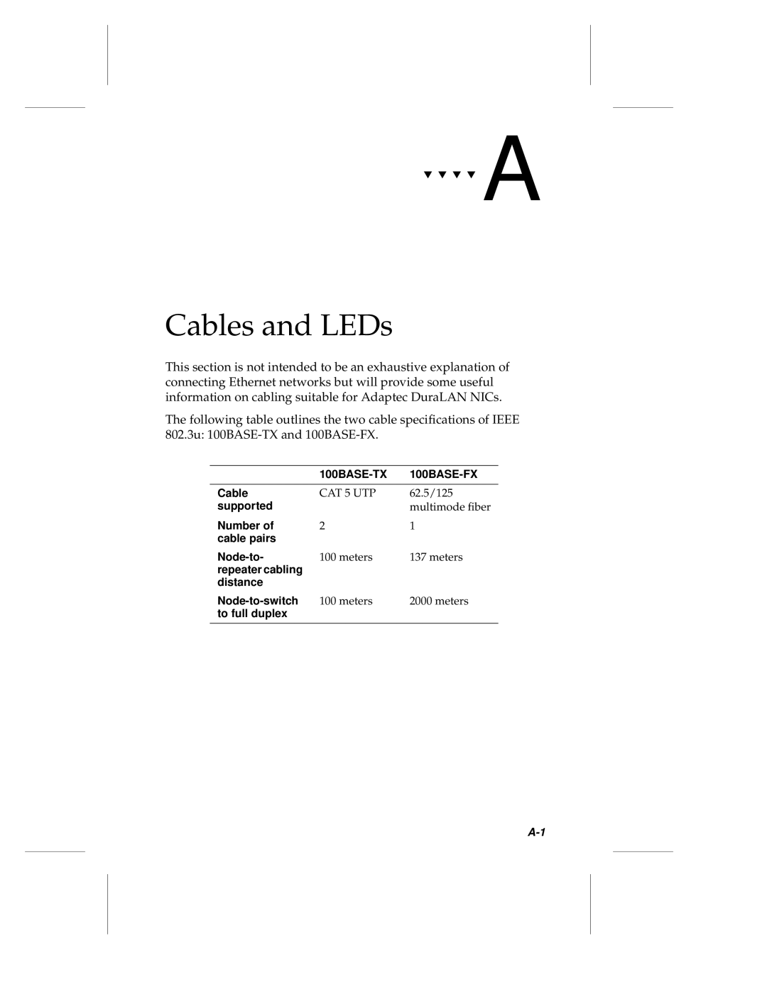 Adaptec ANA-62000, ANA-69000 manual Cables and LEDs, 100BASE-TX 100BASE-FX 