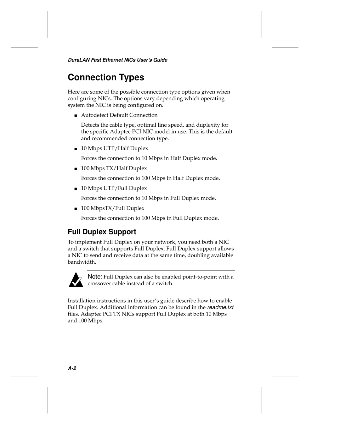 Adaptec ANA-69000, ANA-62000 manual Connection Types, Full Duplex Support 