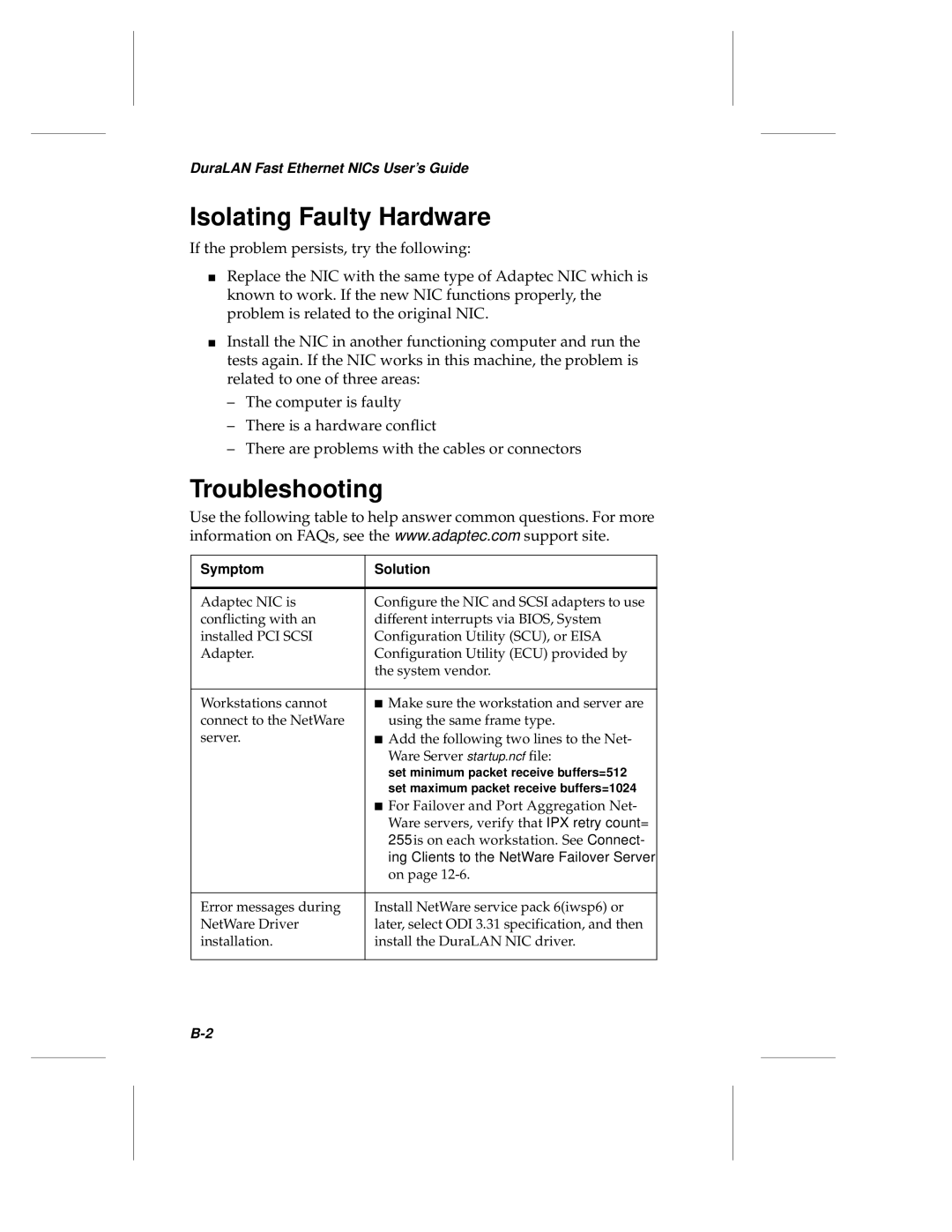 Adaptec ANA-69000, ANA-62000 manual Isolating Faulty Hardware, Troubleshooting 