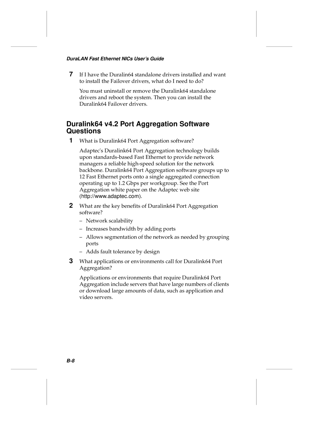 Adaptec ANA-69000, ANA-62000 manual Duralink64 v4.2 Port Aggregation Software Questions 