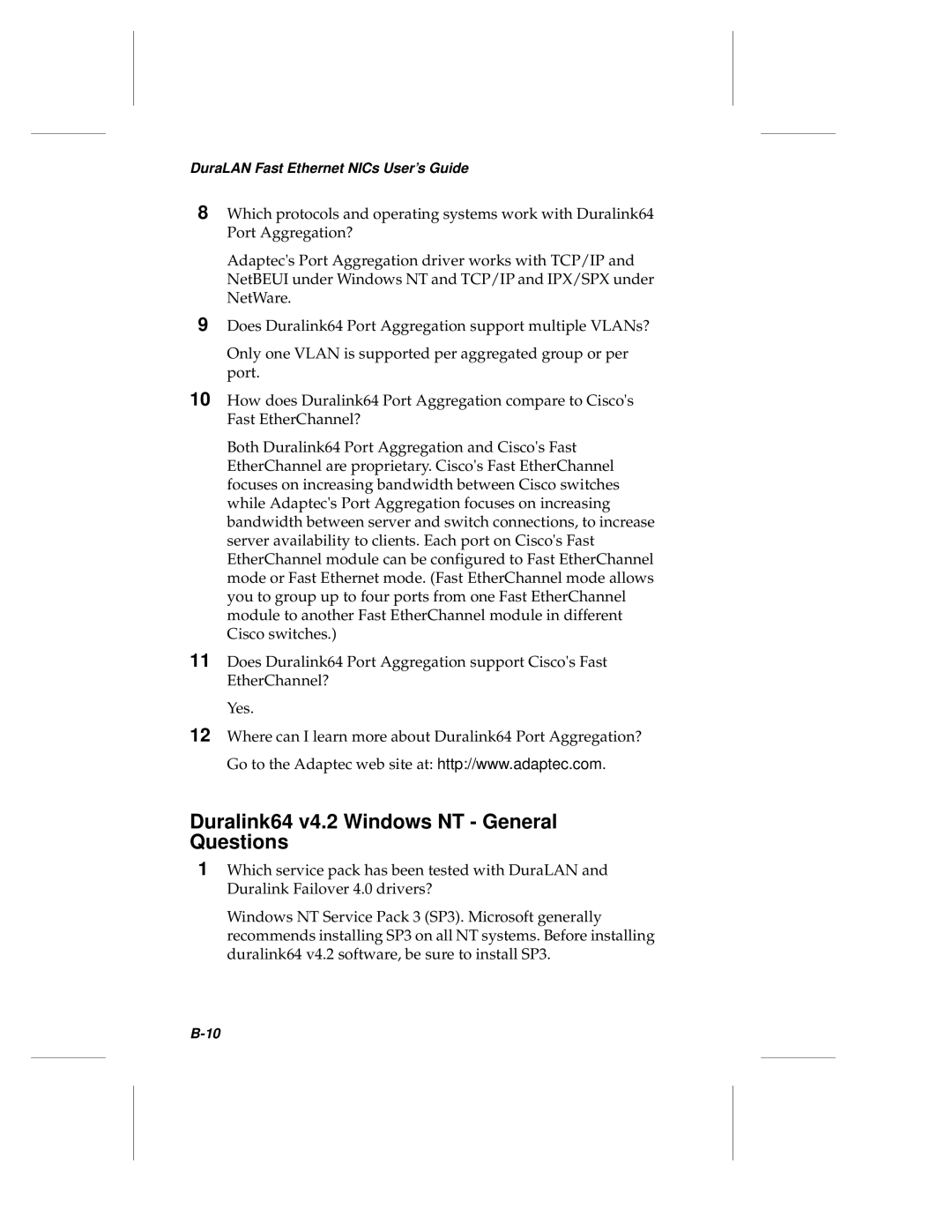 Adaptec ANA-69000, ANA-62000 manual Duralink64 v4.2 Windows NT General Questions 