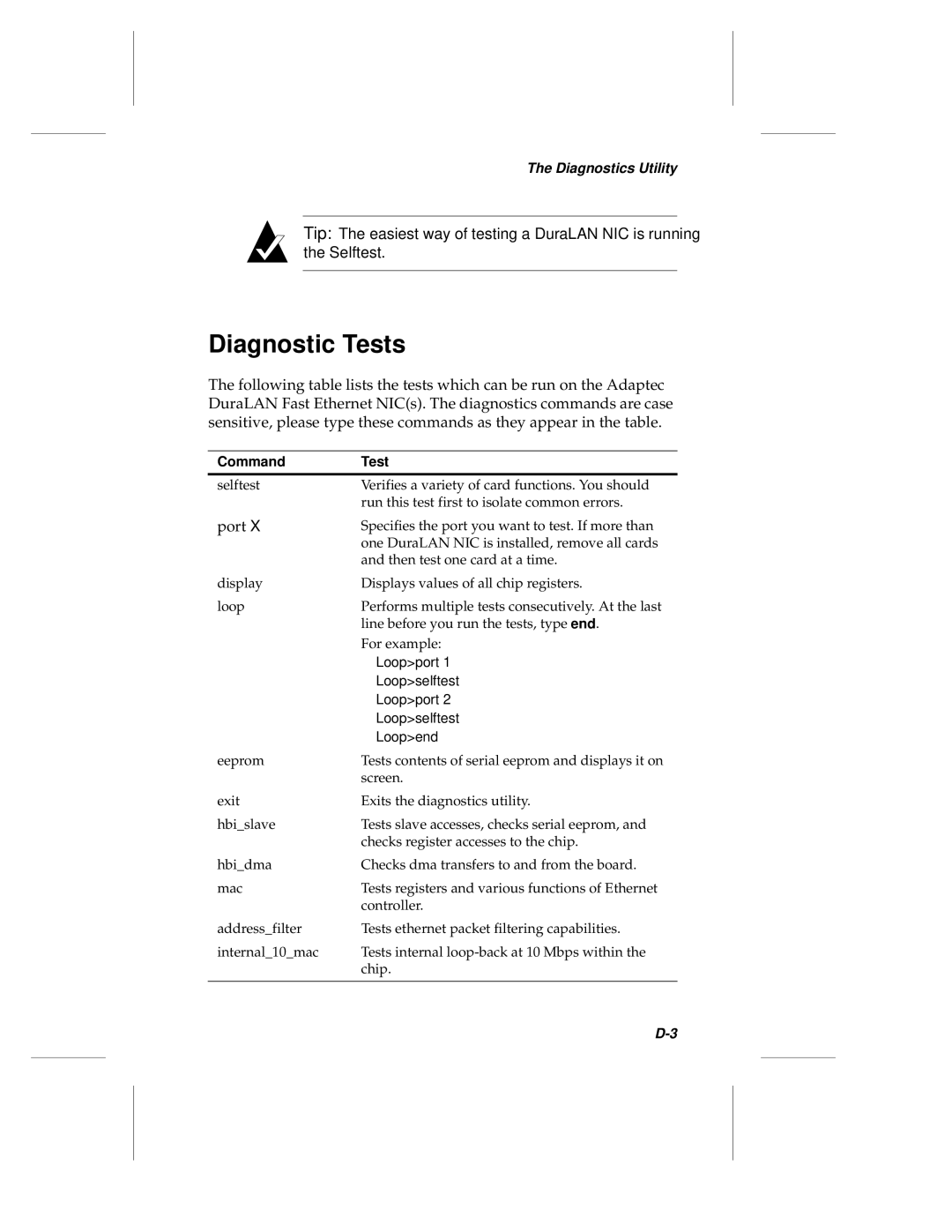 Adaptec ANA-62000, ANA-69000 manual Diagnostic Tests, Command Test 