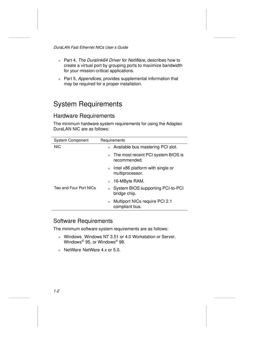 Adaptec ANA-69000, ANA-62000 manual System Requirements, Hardware Requirements, Software Requirements 