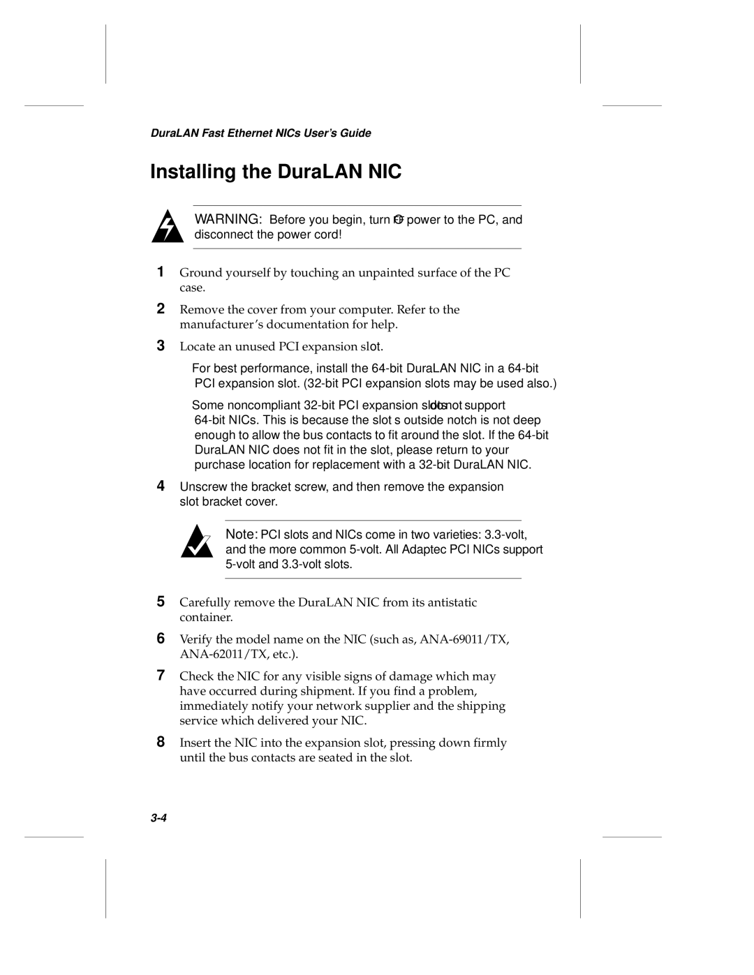 Adaptec ANA-69000, ANA-62000 manual Installing the DuraLAN NIC 