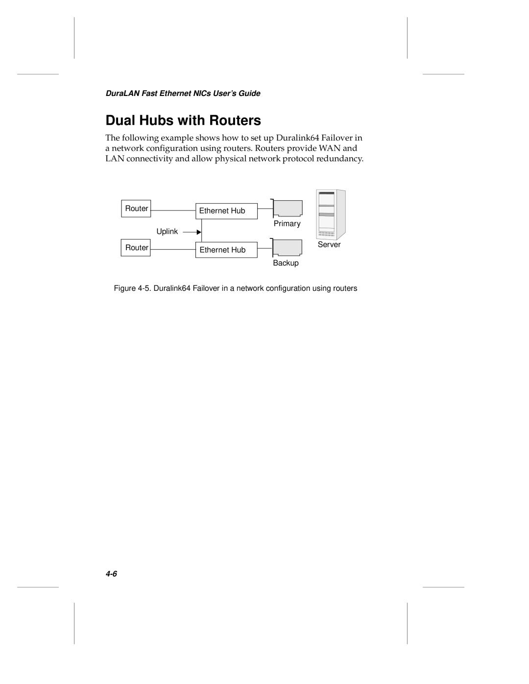 Adaptec ANA-69000, ANA-62000 manual Dual Hubs with Routers, Duralink64 Failover in a network configuration using routers 