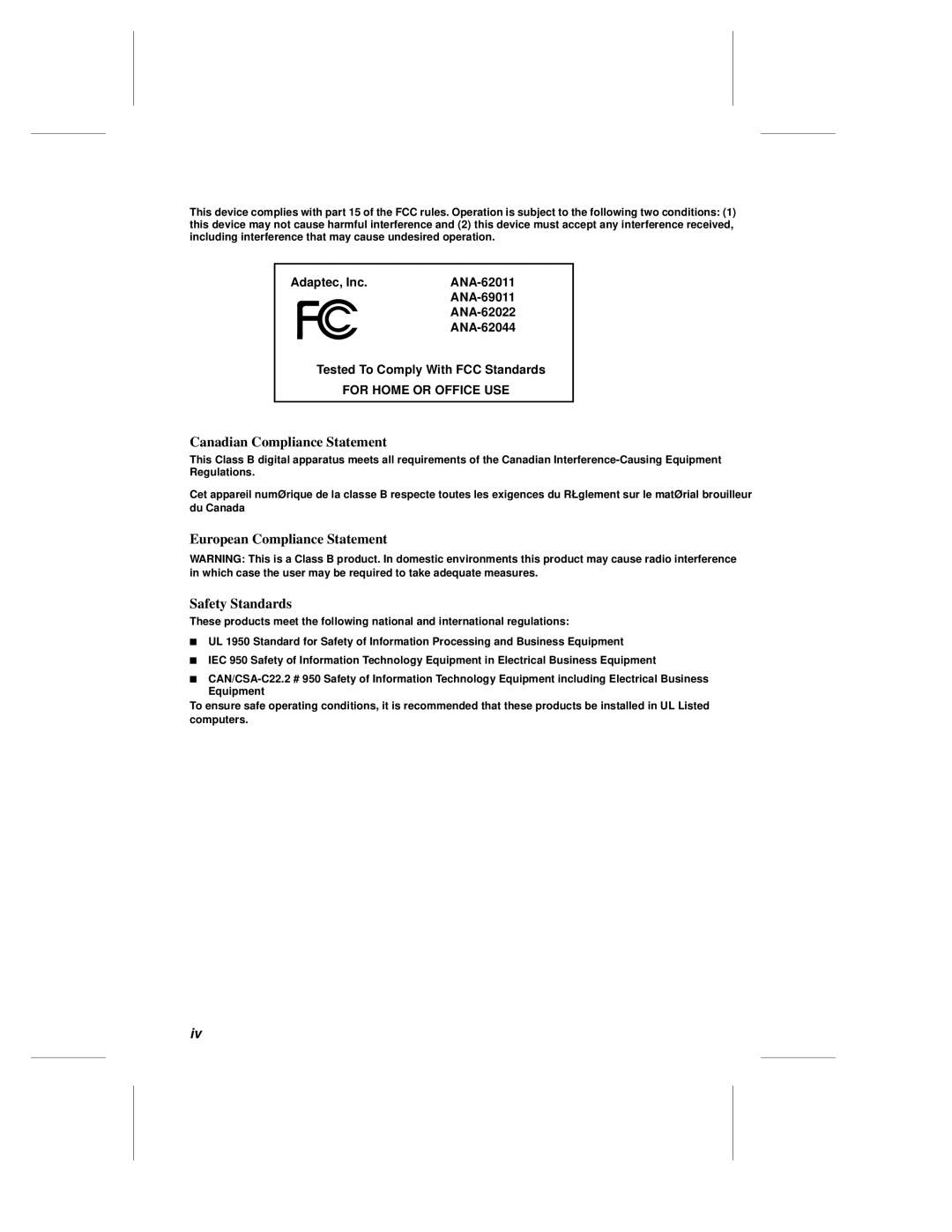 Adaptec ANA-69000, ANA-62000 manual Canadian Compliance Statement 