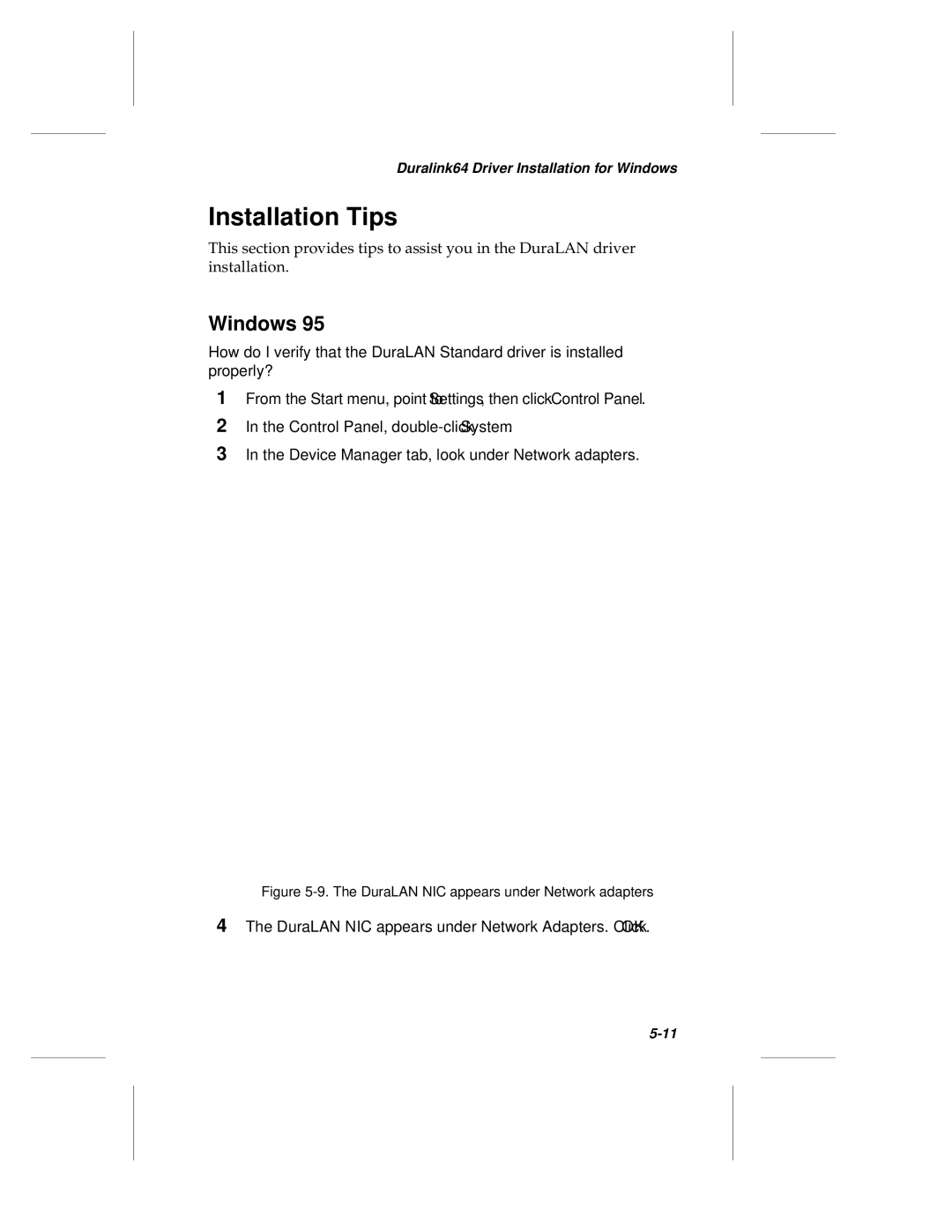 Adaptec ANA-62000, ANA-69000 manual Installation Tips, DuraLAN NIC appears under Network adapters 