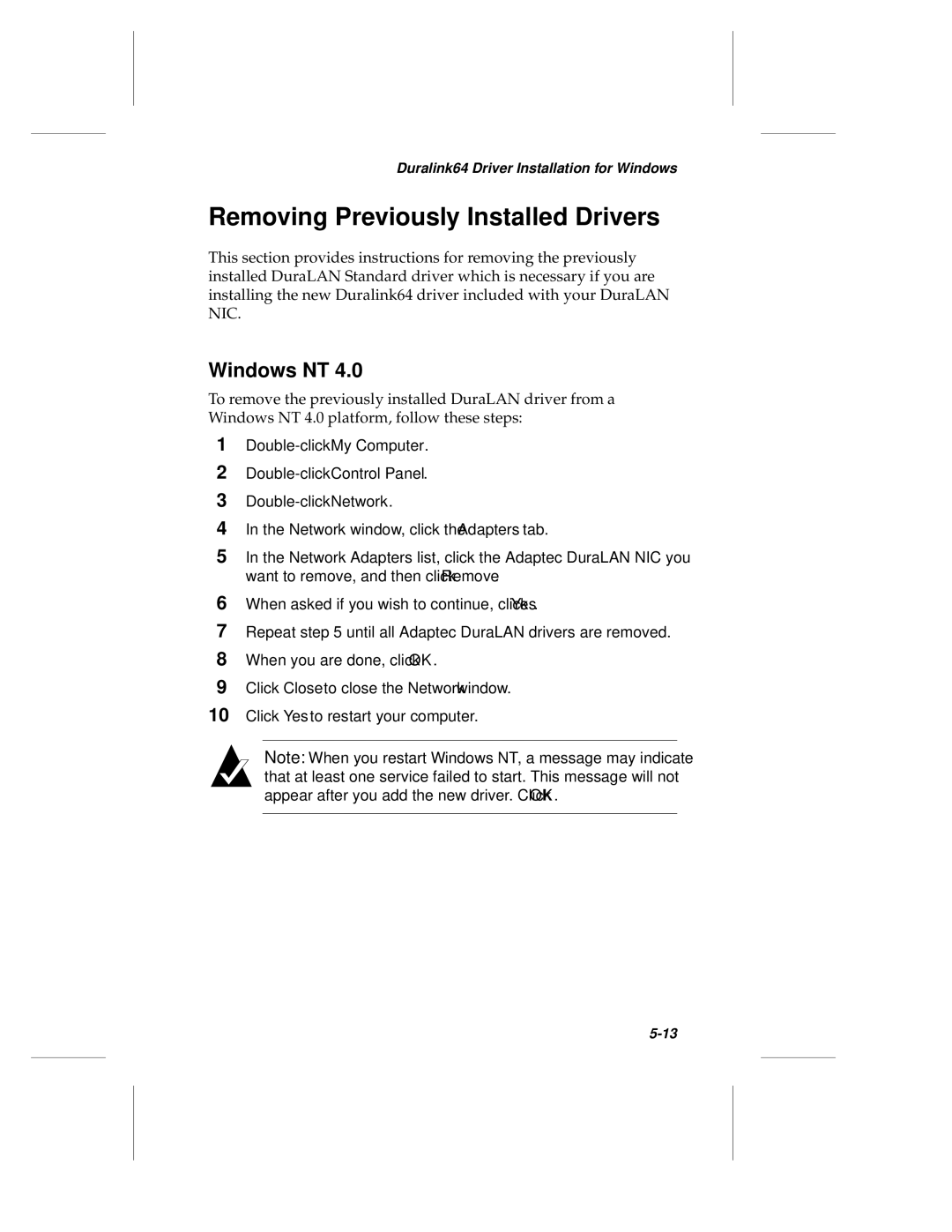 Adaptec ANA-62000, ANA-69000 manual Removing Previously Installed Drivers, Windows NT 