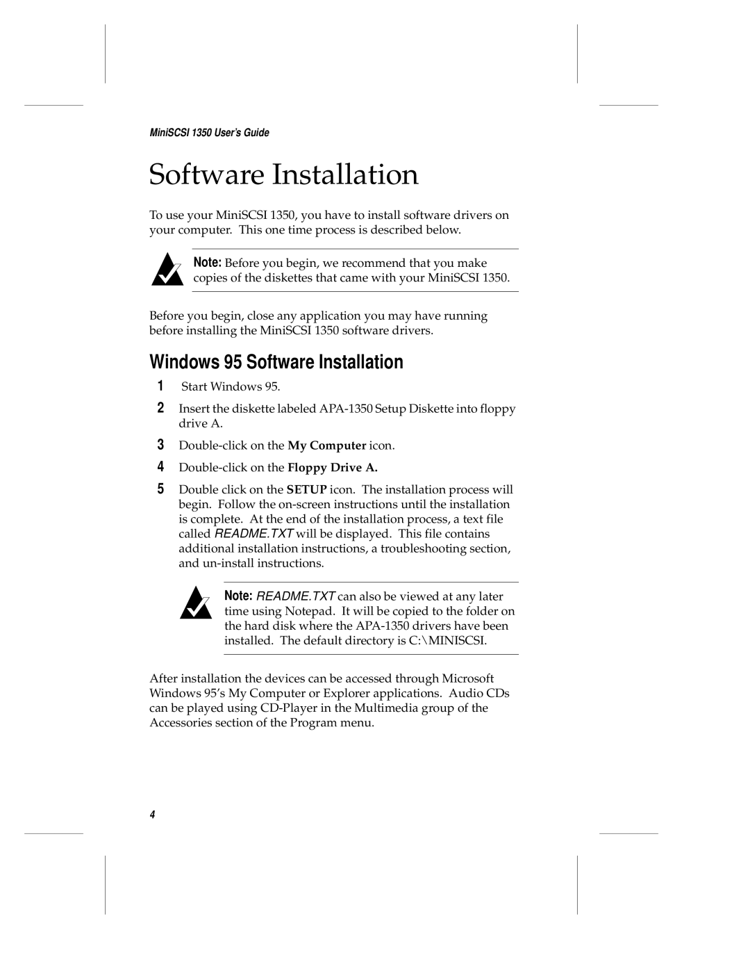 Adaptec APA-1350 manual Windows 95 Software Installation 